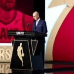 NBA commissioner Adam Silver announces a pick by the Cleveland Cavaliers during the 2022 NBA Draft at Barclays Center on June 23, 2022 in New York City.