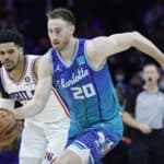 Gordon Hayward #20 of the Charlotte Hornets gets a steal during the third quarter against the Philadelphia 76ers at Wells Fargo Center on January 12, 2022 in Philadelphia, Pennsylvania. NOTE TO USER: User expressly acknowledges and agrees that, by downloading and or using this photograph, User is consenting to the terms and conditions of the Getty Images License Agreement.