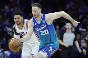 Gordon Hayward #20 of the Charlotte Hornets gets a steal during the third quarter against the Philadelphia 76ers at Wells Fargo Center on January 12, 2022 in Philadelphia, Pennsylvania. NOTE TO USER: User expressly acknowledges and agrees that, by downloading and or using this photograph, User is consenting to the terms and conditions of the Getty Images License Agreement.