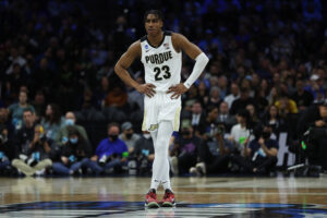 Jaden Ivey #23 of the Purdue Boilermakers looks on in the first half of the game against the St. Peter's Peacocks in the Sweet Sixteen round of the 2022 NCAA Men's Basketball Tournament at Wells Fargo Center on March 25, 2022 in Philadelphia, Pennsylvania.