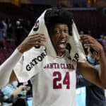 Jalen Williams #24 of the Santa Clara Broncos celebrates on the court after the team's 91-67 victory over the Portland Pilots during the West Coast Conference basketball tournament quarterfinals at the Orleans Arena early on March 06, 2022 in Las Vegas, Nevada.