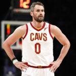 Kevin Love #0 of the Cleveland Cavaliers looks on during the second half against the Brooklyn Nets at Barclays Center on April 08, 2022 in the Brooklyn borough of New York City. The Nets won 118-107. NOTE TO USER: User expressly acknowledges and agrees that, by downloading and or using this photograph, User is consenting to the terms and conditions of the Getty Images License Agreement.