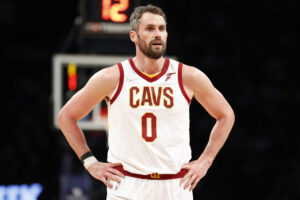 Kevin Love #0 of the Cleveland Cavaliers looks on during the second half against the Brooklyn Nets at Barclays Center on April 08, 2022 in the Brooklyn borough of New York City. The Nets won 118-107. NOTE TO USER: User expressly acknowledges and agrees that, by downloading and or using this photograph, User is consenting to the terms and conditions of the Getty Images License Agreement.