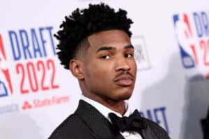 Ochai Agbaji poses for photos on the red carpet during the 2022 NBA Draft at Barclays Center on June 23, 2022 in New York City. NOTE TO USER: User expressly acknowledges and agrees that, by downloading and or using this photograph, User is consenting to the terms and conditions of the Getty Images License Agreement.