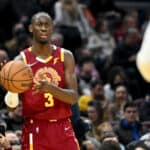 Caris LeVert #3 of the Cleveland Cavaliers throws the ball in bounds during the first half against the San Antonio Spurs at Rocket Mortgage Fieldhouse on February 09, 2022 in Cleveland, Ohio. NOTE TO USER: User expressly acknowledges and agrees that, by downloading and/or using this photograph, user is consenting to the terms and conditions of the Getty Images License Agreement.