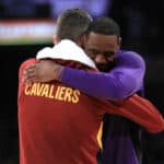 Kevin Love #0 of the Cleveland Cavaliers hugs LeBron James #23 of the Los Angeles Lakers after a game at Staples Center on January 13, 2020 in Los Angeles, California.