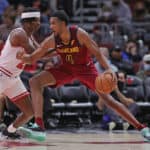 Evan Mobley #4 of the Cleveland Cavaliers drives against Alize Johnson #22 of the Chicago Bulls during a preseason game at the United Center on October 05, 2021 in Chicago, Illinois. The Bulls defeated the Cavaliers 131-95.