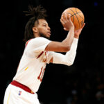 Darius Garland #10 of the Cleveland Cavaliers shoots the ball during the second half against the Brooklyn Nets at Barclays Center on April 08, 2022 in the Brooklyn borough of New York City. The Nets won 118-107.