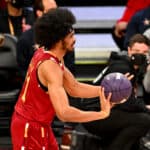 Jarrett Allen #31 of Team Cavs participates in the second challenge during the Taco Bell Skills Challenge as part of the 2022 All-Star Weekend at Rocket Mortgage Fieldhouse on February 19, 2022 in Cleveland, Ohio. NOTE TO USER: User expressly acknowledges and agrees that, by downloading and or using this photograph, User is consenting to the terms and conditions of the Getty Images License Agreement.