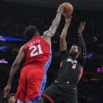Joel Embiid #21 of the Philadelphia 76ers blocks the shot of Markieff Morris #8 of the Miami Heat in the second half during Game Four of the 2022 NBA Playoffs Eastern Conference Semifinals at the Wells Fargo Center on May 8, 2022 in Philadelphia, Pennsylvania. The 76ers defeated the Heat 116-108. NOTE TO USER: User expressly acknowledges and agrees that, by downloading and or using this photograph, User is consenting to the terms and conditions of the Getty Images License Agreement.