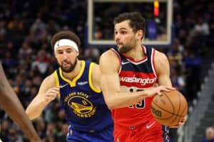 Raul Neto #19 of the Washington Wizards is guarded by Klay Thompson #11 of the Golden State Warriors in the first half at Chase Center on March 14, 2022 in San Francisco, California. NOTE TO USER: User expressly acknowledges and agrees that, by downloading and/or using this photograph, User is consenting to the terms and conditions of the Getty Images License Agreement.