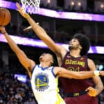 Jarrett Allen #31 of the Cleveland Cavaliers blocks the shot of Jordan Poole #3 of the Golden State Warriors during the fourth quarter at Chase Center on January 09, 2022 in San Francisco, California.