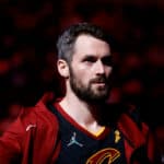 Kevin Love #0 of the Cleveland Cavaliers looks on before playing against the Philadelphia 76ers at Wells Fargo Center on February 12, 2022 in Philadelphia, Pennsylvania.