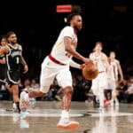 Darius Garland #10 of the Cleveland Cavaliers dribbles during the second half of the Eastern Conference 2022 Play-In Tournament against the Brooklyn Nets at Barclays Center on April 12, 2022 in the Brooklyn borough of New York City. The Nets won 115-108.