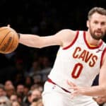 Kevin Love #0 of the Cleveland Cavaliers dribbles during the second half of the Eastern Conference 2022 Play-In Tournament against the Brooklyn Nets at Barclays Center on April 12, 2022 in the Brooklyn borough of New York City. The Nets won 115-108.
