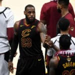 LeBron James #23 of the Cleveland Cavaliers reacts with Jeff Green #32 late in the game against the Golden State Warriors during Game Four of the 2018 NBA Finals at Quicken Loans Arena on June 8, 2018 in Cleveland, Ohio
