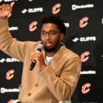 Donovan Mitchell speaks during a press conference where he was introduced at Rocket Mortgage Fieldhouse on September 14, 2022 in Cleveland, Ohio.