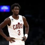 Caris LeVert #3 of the Cleveland Cavaliers looks on during the second half at TD Garden on October 28, 2022 in Boston, Massachusetts.