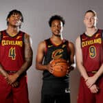 2019 NBAaKevin Porter Jr,Darius Garland and Dylan Windler of the Cleveland Cavaliers pose for a portrait during the 2019 NBA Rookie Photo Shoot on August 11, 2019 at the Ferguson Recreation Center in Madison, New Jersey. Rookie Photo Shoot