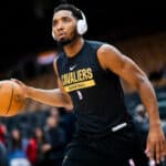Donovan Mitchell #45 of the Cleveland Cavaliers warms up before playing the Toronto Raptors in their basketball game at the Scotiabank Arena on November 28, 2022 in Toronto, Ontario, Canada.