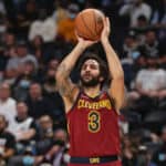 Ricky Rubio #3 of the Cleveland Cavaliers puts up a shot against the Denver Nuggets in the first quarter at Ball Arena on October 25, 2021 in Denver, Colorado.