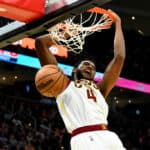 Evan Mobley #4 of the Cleveland Cavaliers dunks during the third quarter against the Toronto Raptors at Rocket Mortgage Fieldhouse on March 06, 2022 in Cleveland, Ohio. The Cavaliers defeated the Raptors 104-96.