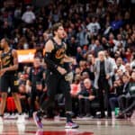 Cedi Osman #16 of the Cleveland Cavaliers reacts to a referee's call during the second half of their NBA game against the Toronto Raptors at Scotiabank Arena on October 19, 2022 in Toronto, Canada.