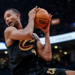 Evan Mobley #4 of the Cleveland Cavaliers grabs a rebound during the second half of their NBA game against the Toronto Raptors at Scotiabank Arena on October 19, 2022 in Toronto, Canada.