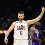 Kevin Love #0 of the Cleveland Cavaliers reacts during their game Sacramento Kings at Golden 1 Center on November 09, 2022 in Sacramento, California.