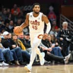 Donovan Mitchell #45 of the Cleveland Cavaliers brings the ball up court during the third quarter against the Portland Trail Blazers at Rocket Mortgage Fieldhouse on November 23, 2022 in Cleveland, Ohio. The Cavaliers defeated the Trail Blazers 114-96.
