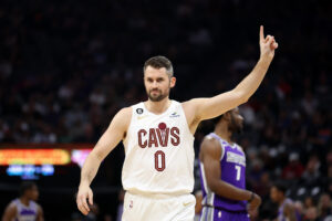Kevin Love #0 of the Cleveland Cavaliers reacts during their game Sacramento Kings at Golden 1 Center on November 09, 2022 in Sacramento, California. NOTE TO USER: User expressly acknowledges and agrees that, by downloading and or using this photograph, User is consenting to the terms and conditions of the Getty Images License Agreement.