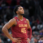 Donovan Mitchell #45 of the Cleveland Cavaliers reacts in the closing seconds of the game against the Los Angeles Clippers at Crypto.com Arena on November 7, 2022 in Los Angeles, California.