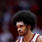 Jarrett Allen #31 of the Cleveland Cavaliers looks on against the Houston Rockets at Toyota Center on February 02, 2022 in Houston, Texas.