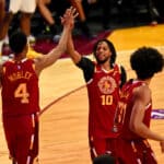 Evan Mobley #4 of Team Cavs reacts with teammate Darius Garland #10 during the Taco Bell Skills Challenge as part of the 2022 All-Star Weekend at Rocket Mortgage Fieldhouse on February 19, 2022 in Cleveland, Ohio.