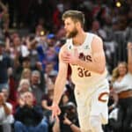 Dean Wade #32 of the Cleveland Cavaliers celebrates after scoring during the fourth quarter against the Washington Wizards at Rocket Mortgage Fieldhouse on October 23, 2022 in Cleveland, Ohio. The Cavaliers defeated the Wizards 117-107 in overtime.