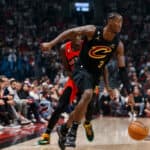 Caris LeVert #3 of the Cleveland Cavaliers dribbles passed Pascal Siakam #43 of the Toronto Raptors during the first half of their NBA game at Scotiabank Arena on October 19, 2022 in Toronto, Canada.