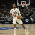 Darius Garland #10 of the Cleveland Cavaliers handles the ball during a game against the Milwaukee Bucks at Fiserv Forum on November 16, 2022 in Milwaukee, Wisconsin.