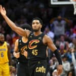 Donovan Mitchell #45 of the Cleveland Cavaliers celebrates during the fourth quarter against the Los Angeles Lakers at Rocket Mortgage Fieldhouse on December 06, 2022 in Cleveland, Ohio. The Cavaliers defeated the Lakers 115-100.
