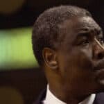 Paul Silas head coach of the Charlotte Hornets grimises as the Hornets were defeated by the Philadelphia 76ers 81-76 in game three of round one of the NBA Playoffs 2000 at the First Union Center in Philadelphia, Pennsylvania.