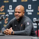 Head coach J.B. Bickerstaff of the Cleveland Cavaliers is interviewed during media day at Rocket Mortgage Fieldhouse on October 02, 2023 in Cleveland, Ohio. NOTE TO USER: User expressly acknowledges and agrees that, by downloading and or using this photograph, User is consenting to the terms and conditions of the Getty Images License Agreement.