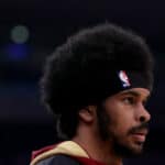 Jarrett Allen #31 of the Cleveland Cavaliers looks on before Game Four of the Eastern Conference First Round Playoffs against the New York Knicks at Madison Square Garden on April 23, 2023 in New York City. NOTE TO USER: User expressly acknowledges and agrees that, by downloading and or using this photograph, User is consenting to the terms and conditions of the Getty Images License Agreement.