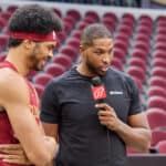 Jarrett Allen #31 talks with Tristan Thompson #12 of the Cleveland Cavaliers during media day at Rocket Mortgage Fieldhouse on October 02, 2023 in Cleveland, Ohio. NOTE TO USER: User expressly acknowledges and agrees that, by downloading and or using this photograph, User is consenting to the terms and conditions of the Getty Images License Agreement.