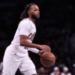 NEW YORK, NEW YORK - OCTOBER 25: Darius Garland #10 of the Cleveland Cavaliers brings the ball up the court during the fourth quarter of the game against the Brooklyn Nets at Barclays Center on October 25, 2023 in New York City. NOTE TO USER: User expressly acknowledges and agrees that, by downloading and or using this photograph, User is consenting to the terms and conditions of the Getty Images License Agreement.