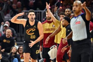 CLEVELAND, OHIO - OCTOBER 30: Georges Niang #20 of the Cleveland Cavaliers celebrates after scoring during the third quarter against the Los Angeles Lakers at Rocket Mortgage Fieldhouse on October 30, 2024 in Cleveland, Ohio. The Cavaliers defeated the Lakers 134-110. NOTE TO USER: User expressly acknowledges and agrees that, by downloading and or using this photograph, User is consenting to the terms and conditions of the Getty Images License Agreement.