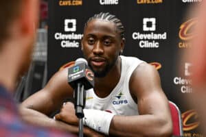 CLEVELAND, OHIO - SEPTEMBER 30: Caris LeVert #3 of the Cleveland Cavaliers speaks to the media during Cleveland Cavaliers Media Day at Rocket Mortgage Fieldhouse on September 30, 2024 in Cleveland, Ohio. NOTE TO USER: User expressly acknowledges and agrees that, by downloading and or using this photograph, User is consenting to the terms and conditions of the Getty Images License Agreement.