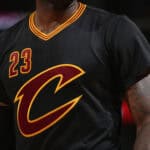DENVER, CO - DECEMBER 29: Detail of the jersey of LeBron James #23 of the Cleveland Cavaliers as he takes the court against the Denver Nuggets at Pepsi Center on December 29, 2015 in Denver, Colorado. The Cavaliers defeated the Nuggets 93-87.