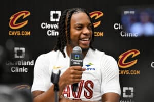 CLEVELAND, OHIO - SEPTEMBER 30: Darius Garland #10 of the Cleveland Cavaliers speaks to the media during Cleveland Cavaliers Media Day at Rocket Mortgage Fieldhouse on September 30, 2024 in Cleveland, Ohio. NOTE TO USER: User expressly acknowledges and agrees that, by downloading and or using this photograph, User is consenting to the terms and conditions of the Getty Images License Agreement.