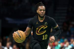 CHARLOTTE, NORTH CAROLINA - MARCH 27: Darius Garland #10 of the Cleveland Cavaliers brings the ball up court during the second half of the game against the Charlotte Hornets at Spectrum Center on March 27, 2024 in Charlotte, North Carolina. NOTE TO USER: User expressly acknowledges and agrees that, by downloading and or using this photograph, User is consenting to the terms and conditions of the Getty Images License Agreement