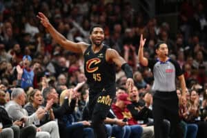 CLEVELAND, OHIO - NOVEMBER 15: Donovan Mitchell #45 of the Cleveland Cavaliers celebrates during the fourth quarter against the Chicago Bulls of the Emirates NBA Cup game at Rocket Mortgage Fieldhouse on November 15, 2024 in Cleveland, Ohio. The Cavaliers defeated the Bulls 144-126. NOTE TO USER: User expressly acknowledges and agrees that, by downloading and or using this photograph, User is consenting to the terms and conditions of the Getty Images License Agreement.