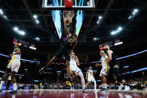 CLEVELAND, OHIO - NOVEMBER 08: Evan Mobley #4 of the Cleveland Cavaliers dunks during the second half against the Golden State Warriors at Rocket Mortgage Fieldhouse on November 08, 2024 in Cleveland, Ohio. The Cavaliers defeated the Warriors 136-117. NOTE TO USER: User expressly acknowledges and agrees that, by downloading and or using this photograph, User is consenting to the terms and conditions of the Getty Images License Agreement.